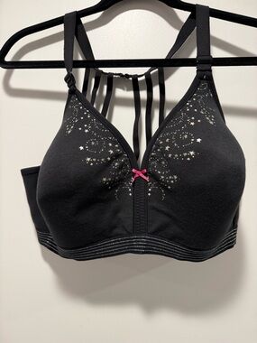 Cacique Black Wireless Bra with Metallic Star Print and Pink Bow